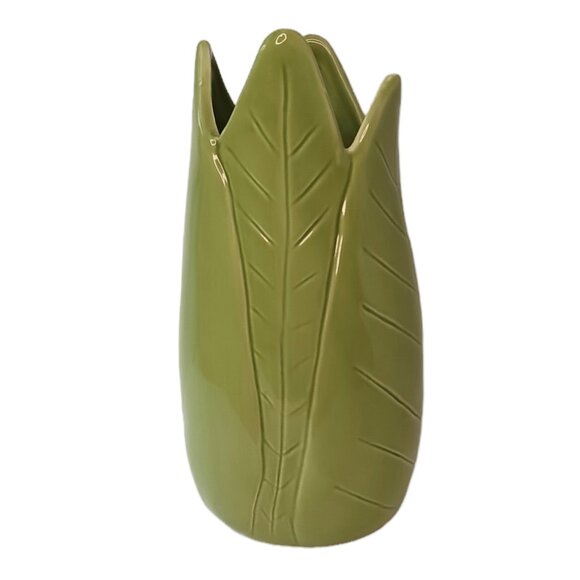 Pottery Barn Green Banana Leaf Vase Tropical Jungle 9" - Picture 1 of 11